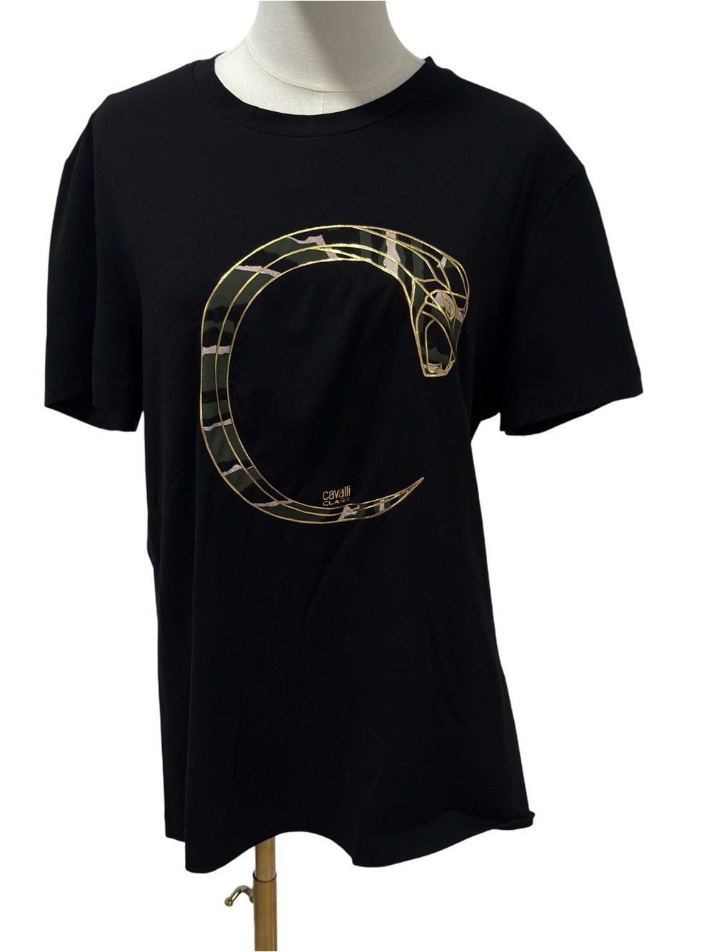 Roberto Cavalli Woman Black Tee with Gold Snake C Graphic XLarge